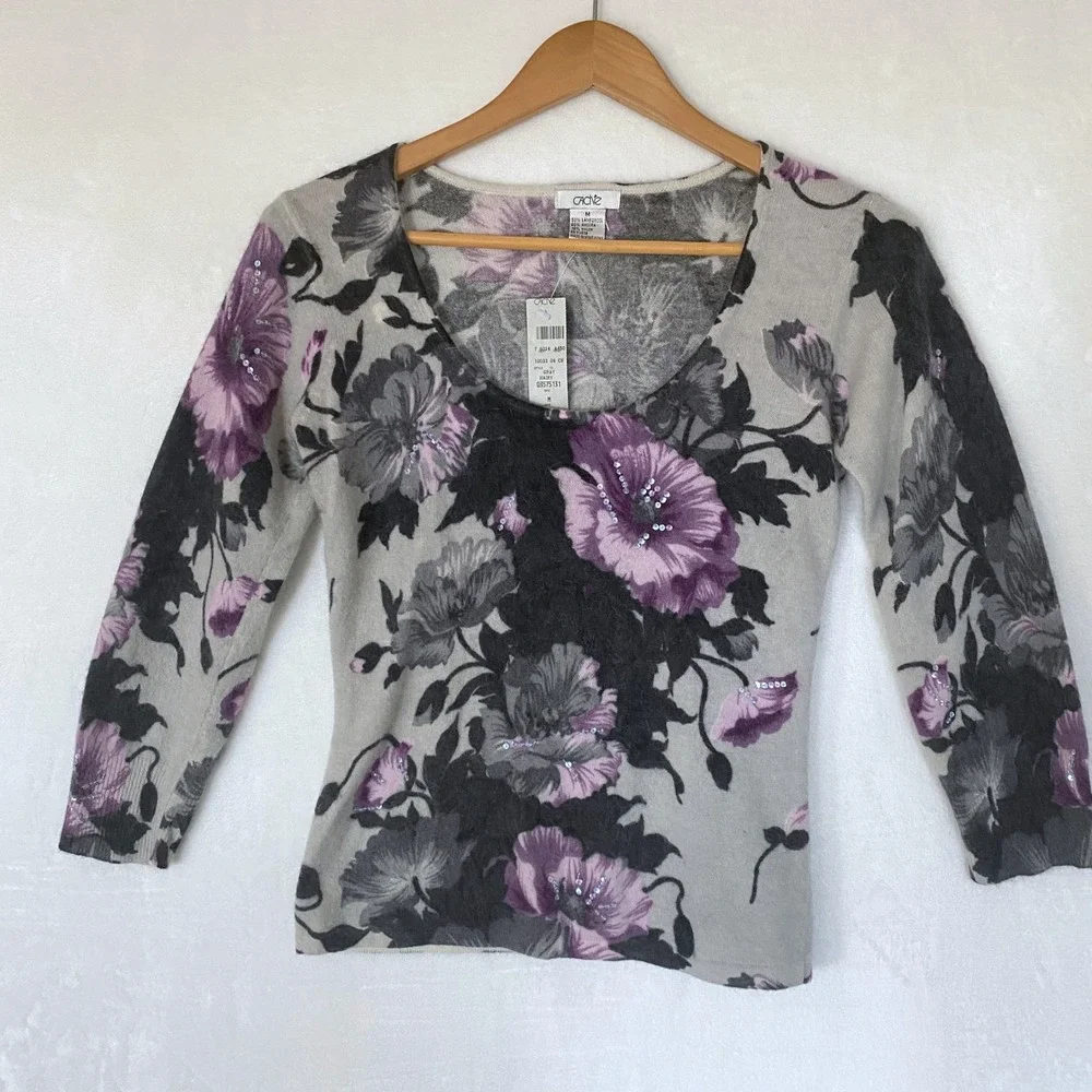 Cache Y2K Womens Lambswool Angora Sweater Med Floral Sequins Knit Top Dead Stock